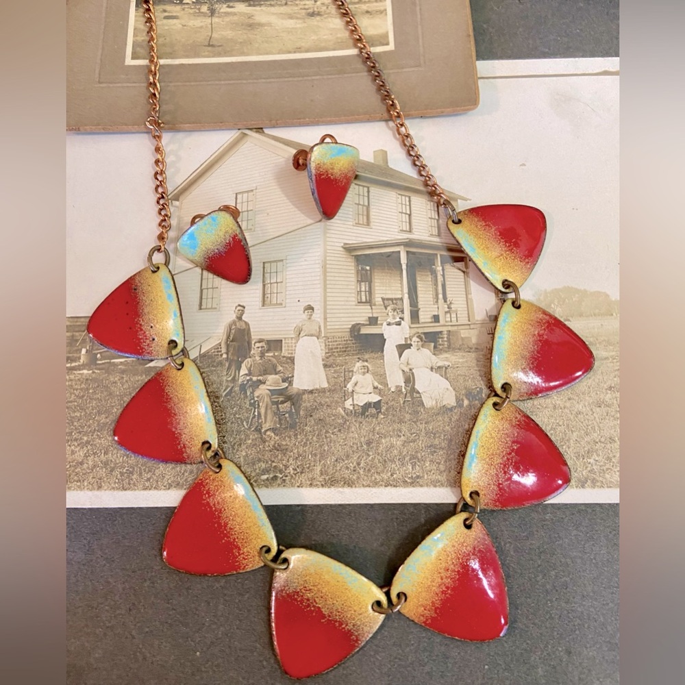 Vintage Red, Tan and Teal Enamel on Copper Necklace and Screw Back Earring Set